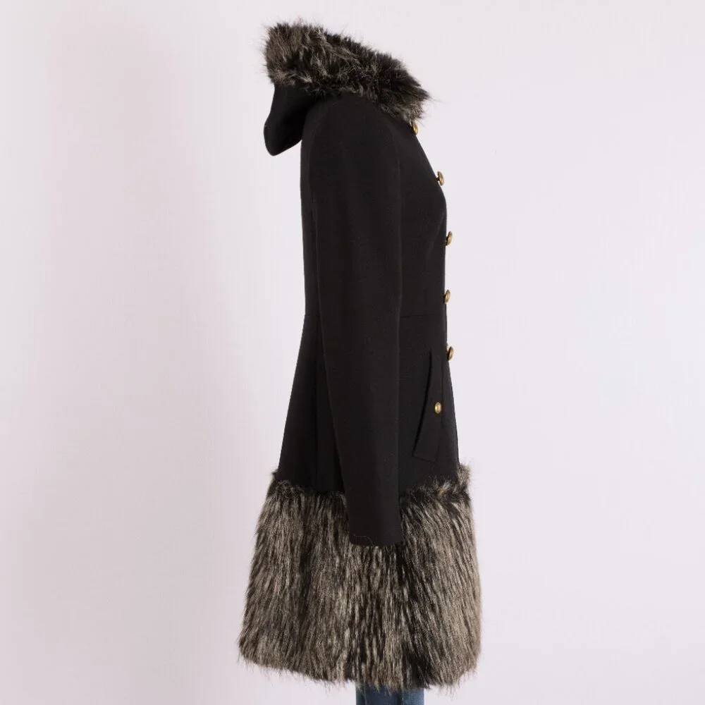 Rachel Zoe Black Wool Military Coat with Faux Fur Trim Size US 8 - Picture 4 of 11